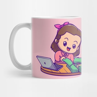 Cute Female Accountant With Laptop And Money Cartoon Mug